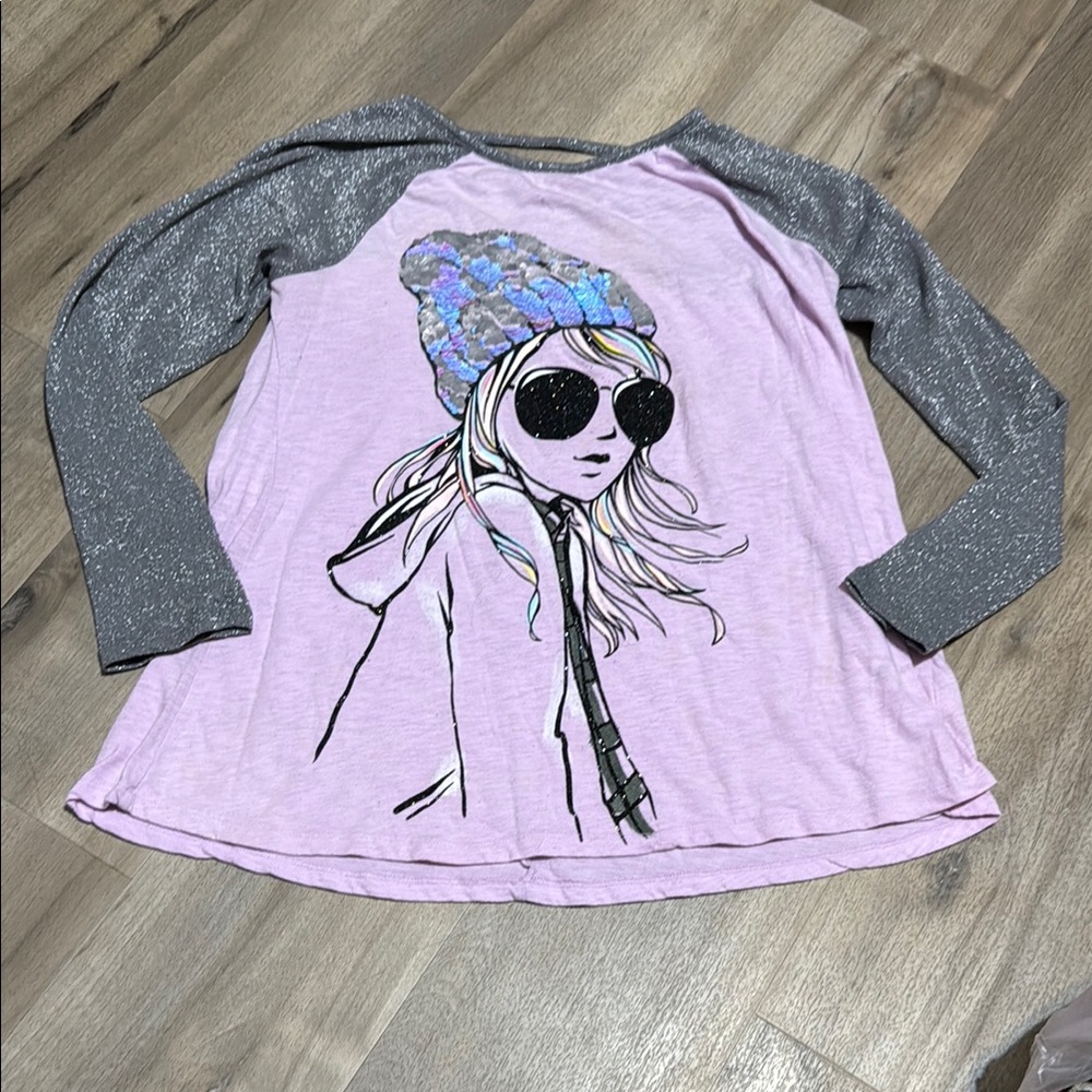 Girls Justice Pink and Gray Long Sleeve Tee with Graphic Design - Picture 1 of 4